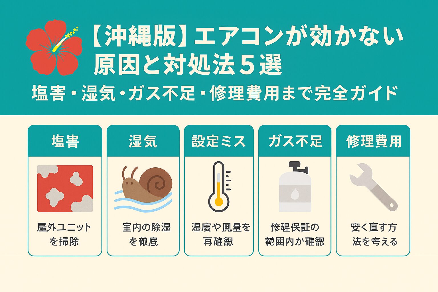 沖縄の暑さで効かないエアコンを点検する男性。室外機や内部フィンを掃除して冷えを改善する様子。