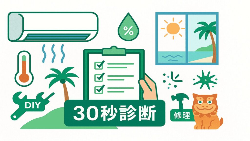 沖縄でエアコンが冷えないときの30秒診断。通風30cm・フィルター乾燥・対角上向き送風の3手と修理判断の分岐を示すアイキャッチ。
