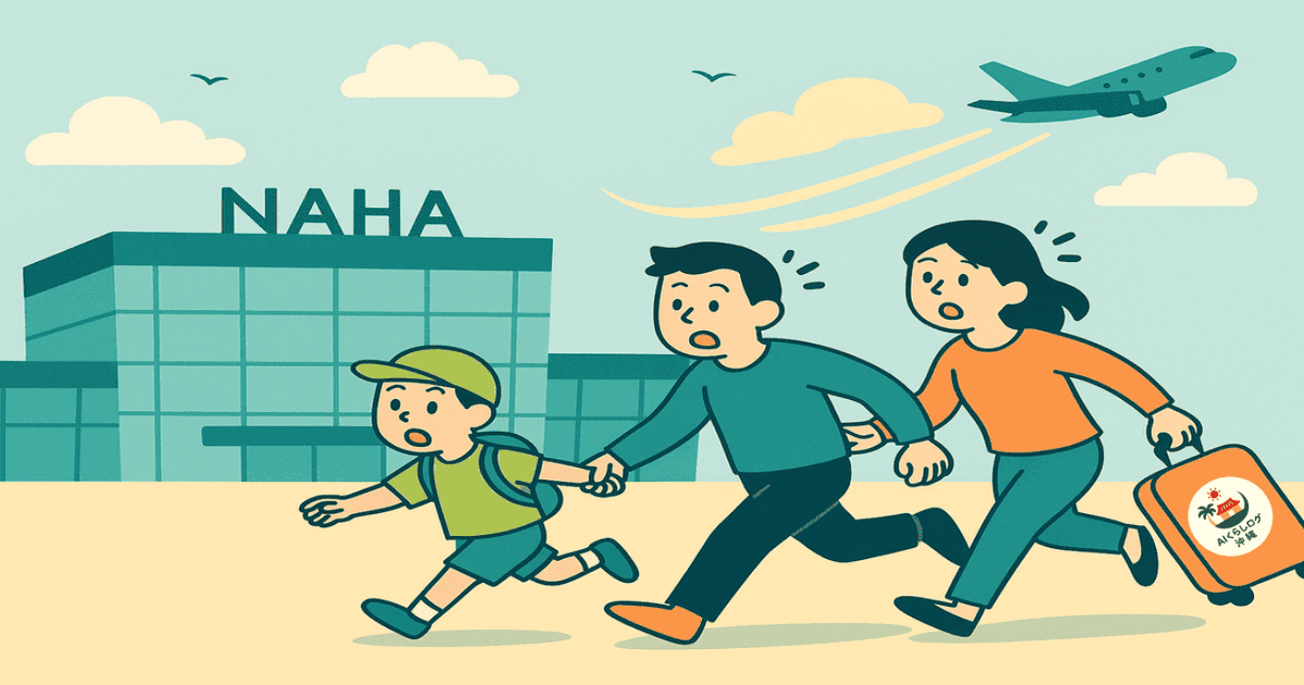 那覇空港で出発前に慌てて走る家族のイラスト