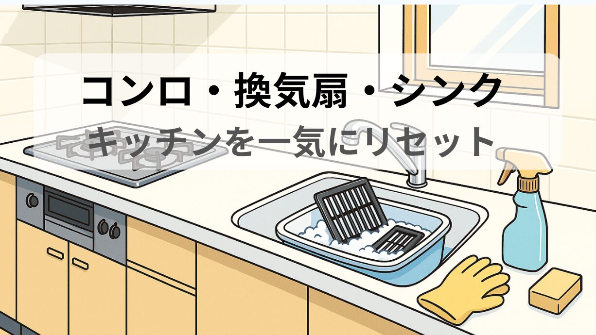 換気扇フィルターをつけ置き洗いしている明るいキッチンのイラスト(コンロ・シンク・洗剤とゴム手袋)