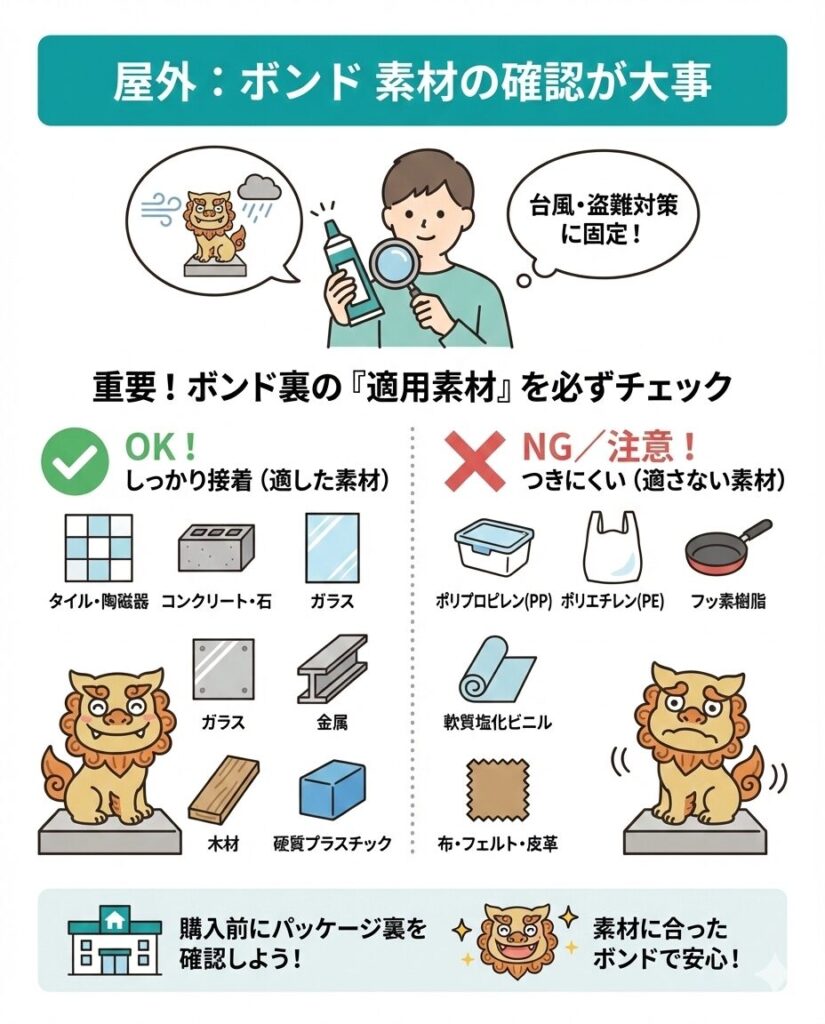 屋外シーサー固定はボンド裏の「適用素材」確認が重要。OK素材（タイル・陶磁器、コンクリート・石、ガラス、金属、木材、硬質プラスチック）とNG素材（PP/PE、フッ素樹脂、軟質塩ビ、布・フェルト・皮革）を比較した図解