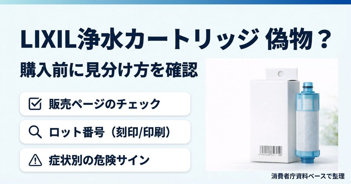 「LIXIL浄水カートリッジ 偽物?購入前に見分け方を確認」と、販売ページチェック・ロット番号(刻印/印刷)・症状別の危険サインの3項目を示したアイキャッチ画像