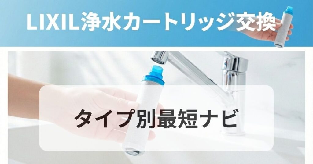 LIXILの浄水カートリッジを手で持ち、蛇口に取り付ける様子をイメージした交換ガイドのアイキャッチ画像。
