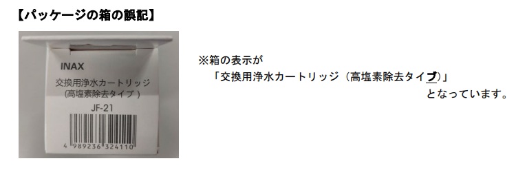 消費者庁資料:浄水カートリッジの箱表示に誤記がある例(高塩素除去タイブ)