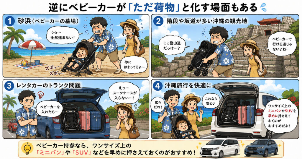 沖縄旅行中にベビーカーが「荷物」となってしまうトラブル事例（砂浜、階段、レンタカーの積載量不足）と、それを防ぐための「ワンサイズ上の車種選び」という対策を解説するイラスト。