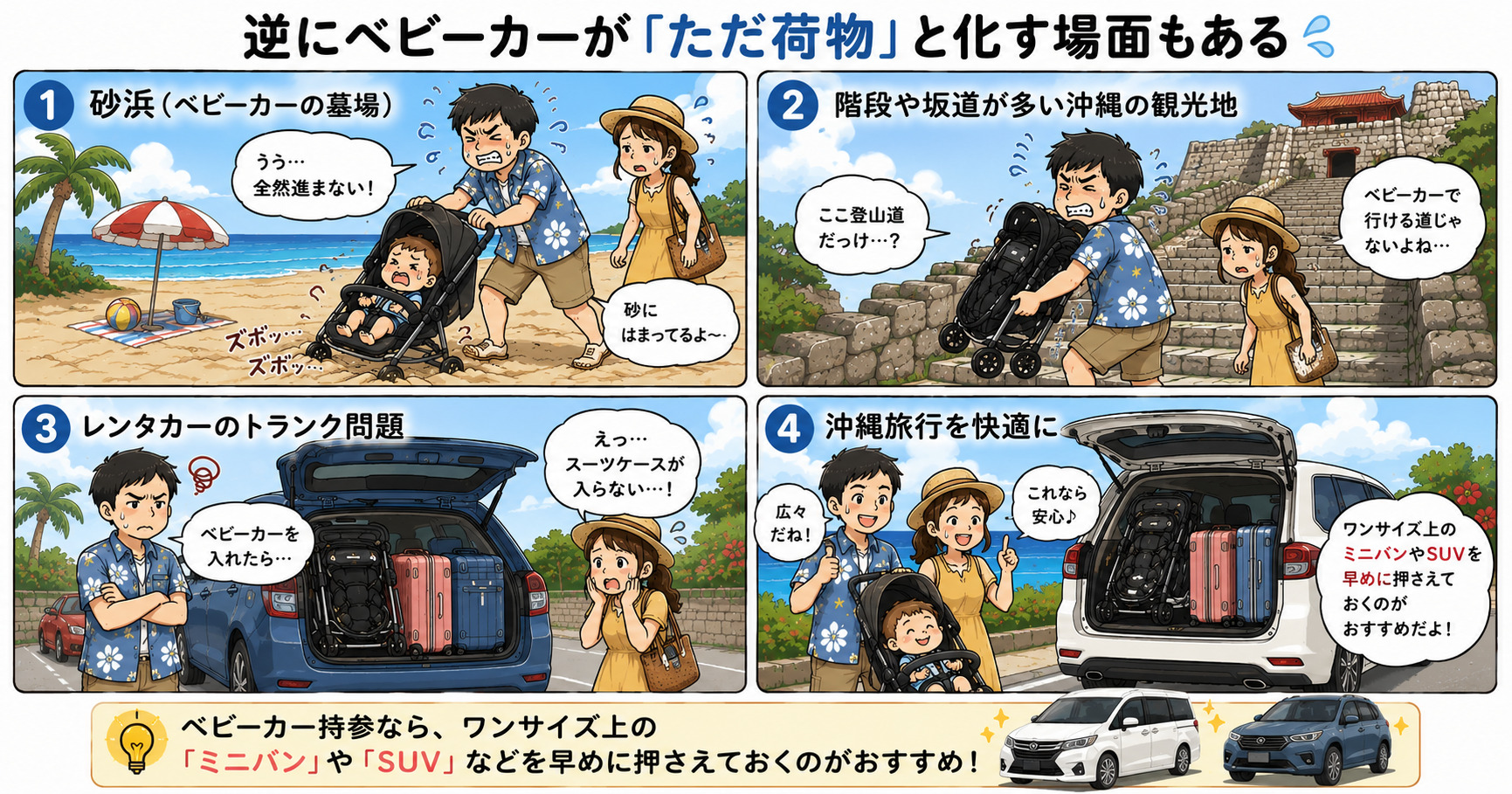 沖縄旅行中にベビーカーが「荷物」となってしまうトラブル事例（砂浜、階段、レンタカーの積載量不足）と、それを防ぐための「ワンサイズ上の車種選び」という対策を解説するイラスト。