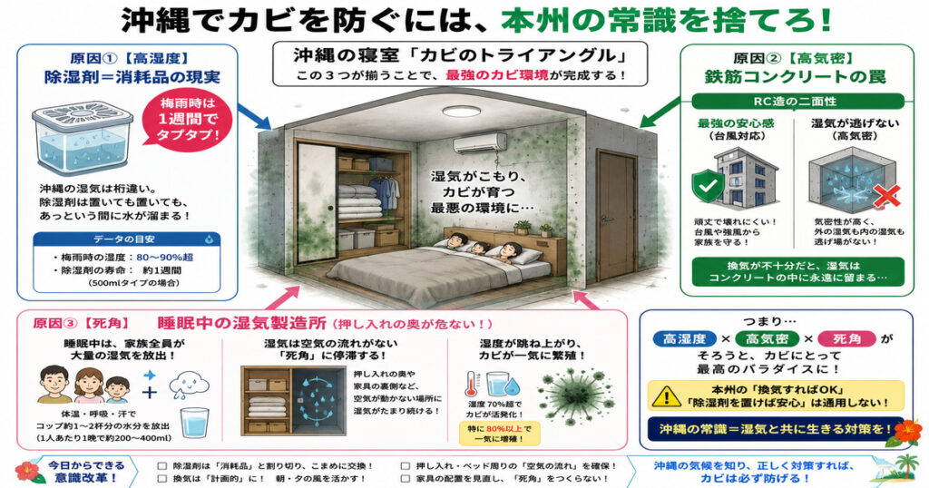 沖縄の住宅でカビが発生するメカニズムを解説した図解。高湿度、RC造住宅特有の高気密性、寝室や押し入れの空気の淀み（死角）が揃う『カビのトライアングル』が原因と指摘
