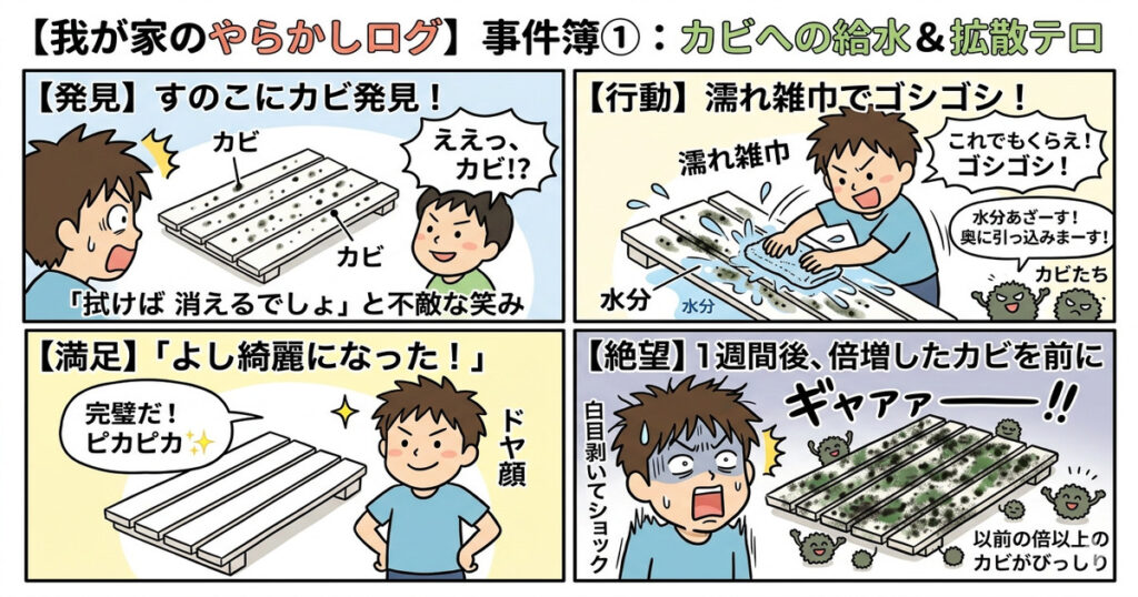 沖縄の寝室で発生したすのこのカビを、濡れ雑巾で掃除しようとして失敗した4コマ漫画。濡れ雑巾で拭くことでカビに水分を与えてしまい、かえって菌を拡散・悪化させてしま (1)