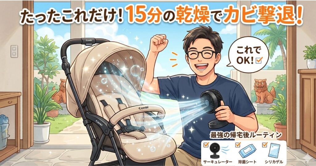 「たったこれだけ！15分の乾燥でカビ撃退！」という見出しと、シーサーが置かれた沖縄風の明るい玄関で、笑顔のパパがベビーカーにコードレスサーキュレーターの風を当てているイラスト。ベビーカーにはキラキラとした清潔感を表すエフェクトがかかり、パパの横には「これでOK！」という吹き出しがあります。右下には「最強の帰宅後ルーティン」として、「サーキュレーター」「除菌シート」「シリカゲル」の3つのアイテムがチェックボックス付きで描かれています。