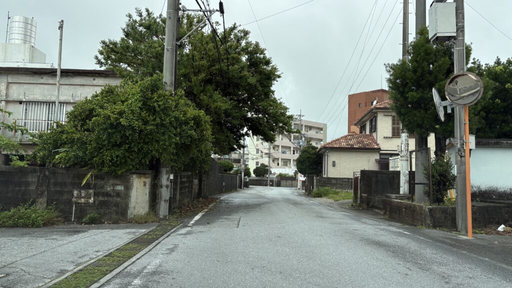 国道から1つ入った所の道路　見通しが悪く道も狭いことを表す写真