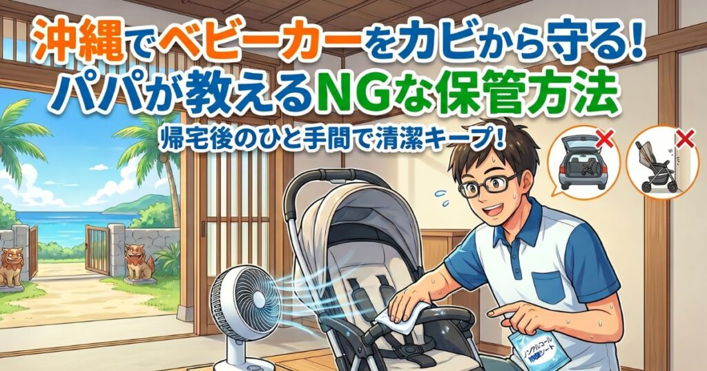 青い海とシーサーが見える沖縄の玄関で、パパが汗をかきながらベビーカーのお手入れをしているイラスト。「沖縄でベビーカーをカビから守る!パパが教えるNGな保管方法」「帰宅後のひと手間で清潔キープ!」の文字と共に、車のトランクや壁際に密着させて保管するNG例のアイコンが描かれ、パパはサーキュレーターの風を当てながらノンアルコール除菌シートでベビーカーを拭いている。