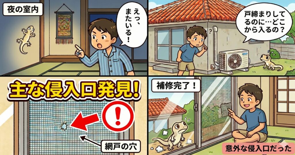 ヤモリの侵入経路と対策を描いた4コマ漫画。 1コマ目：左上に「夜の室内」のラベル。パジャマ姿の男性が壁に張り付くヤモリに気づき、「えっ、またいる！」と驚いて指をさしている。 2コマ目：昼間、赤瓦の家の外。Tシャツ姿の男性がエアコン室外機の横で「戸締まりしてるのに…どこから入るの？」と疑問に思っている。足元の草むらにはヤモリがいる。 3コマ目：上部に大きく「主な侵入口発見！」の文字。網戸に開いた小さな穴が描かれ、赤い矢印とビックリマーク、「網戸の穴」という説明ラベルで強調されている。 4コマ目：左上に「補修完了！」のラベル。室内の畳に座る男性が、補修シールを貼って隙間がなくなった網戸を笑顔で指さしている。窓の外には、家の中に入れず困った様子のヤモリがいる。右下には「意外な侵入口だった」のラベル。