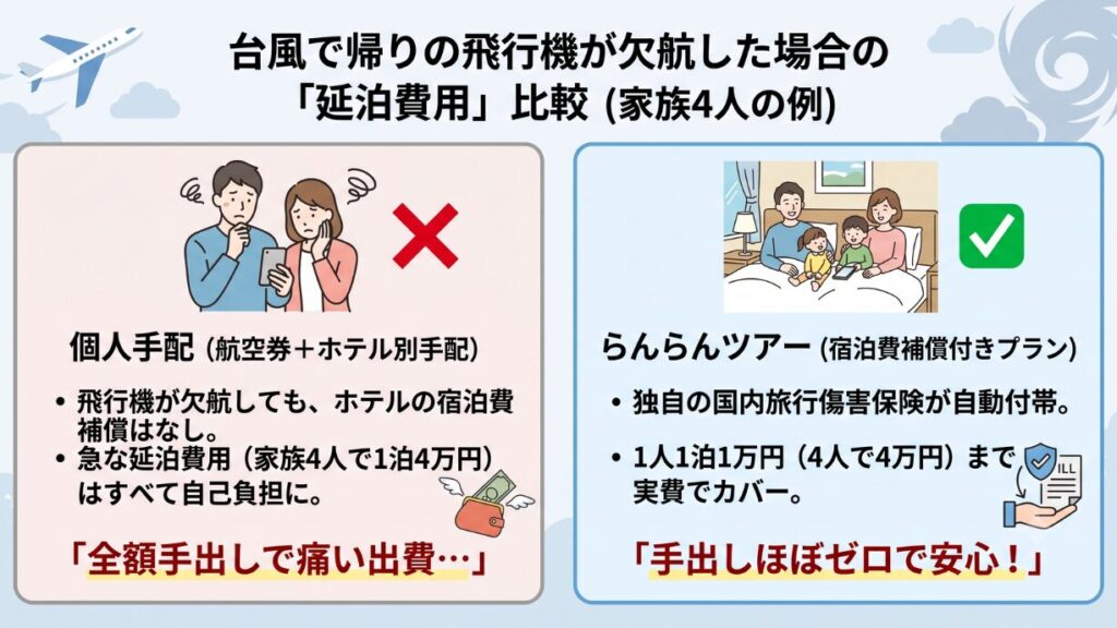 台風で帰りの飛行機が欠航した場合の「延泊費用」比較（家族4人の例）。左側の「個人手配」は宿泊費補償がなく、1泊4万円の延泊費用がすべて自己負担となり「全額手出しで痛い出費…」と困っているイラスト。右側の「らんらんツアー」は国内旅行傷害保険が自動付帯し、1人1泊1万円（4人で4万円）まで実費でカバーされるため「手出しほぼゼロで安心！」とベッドでくつろぐ家族のイラストが描かれています。