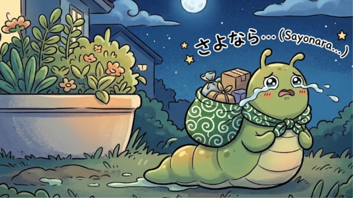 駆除剤の効果によって、夜の庭から荷物をまとめて「さよなら…」と泣きながら逃げ出していくナメクジ